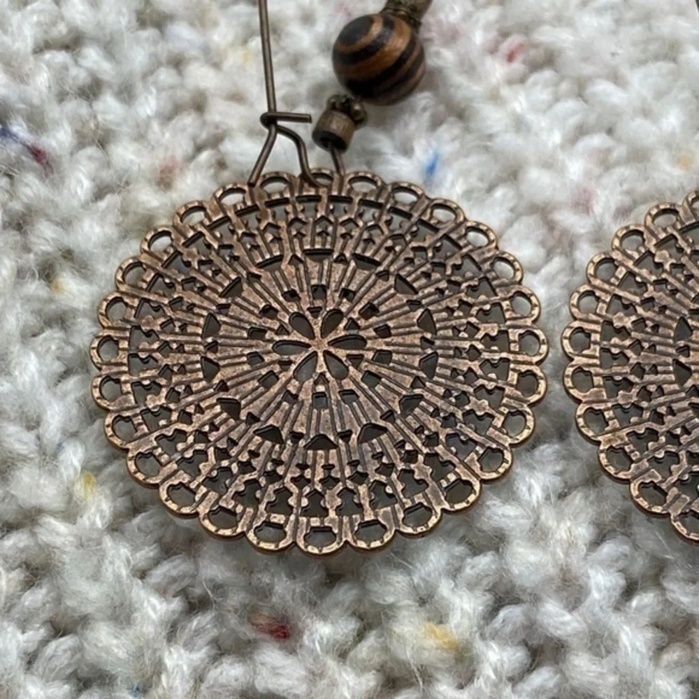 BohoDrop Earrings Round Ornate‎ Metal Wood Bead Hanging Earrings